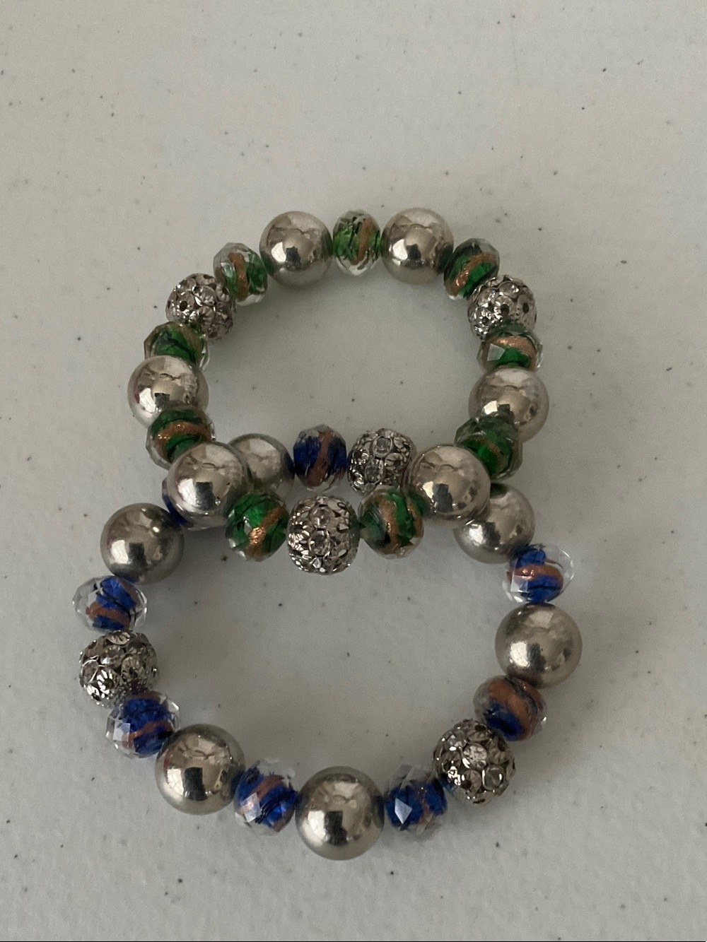 Silver Bead Stretch Bracelets with Green and Blue Accent Beads